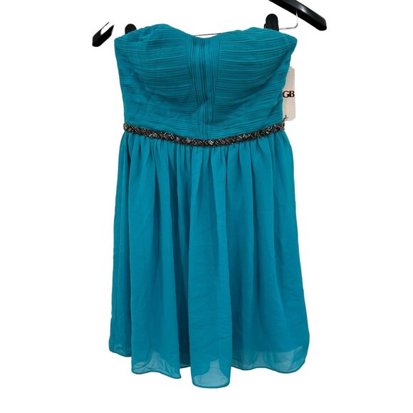 GB Turquoise Strapless Dress Small Beaded Mini Chiffon Feminine Skater Party NEW - Picture 1 of 9